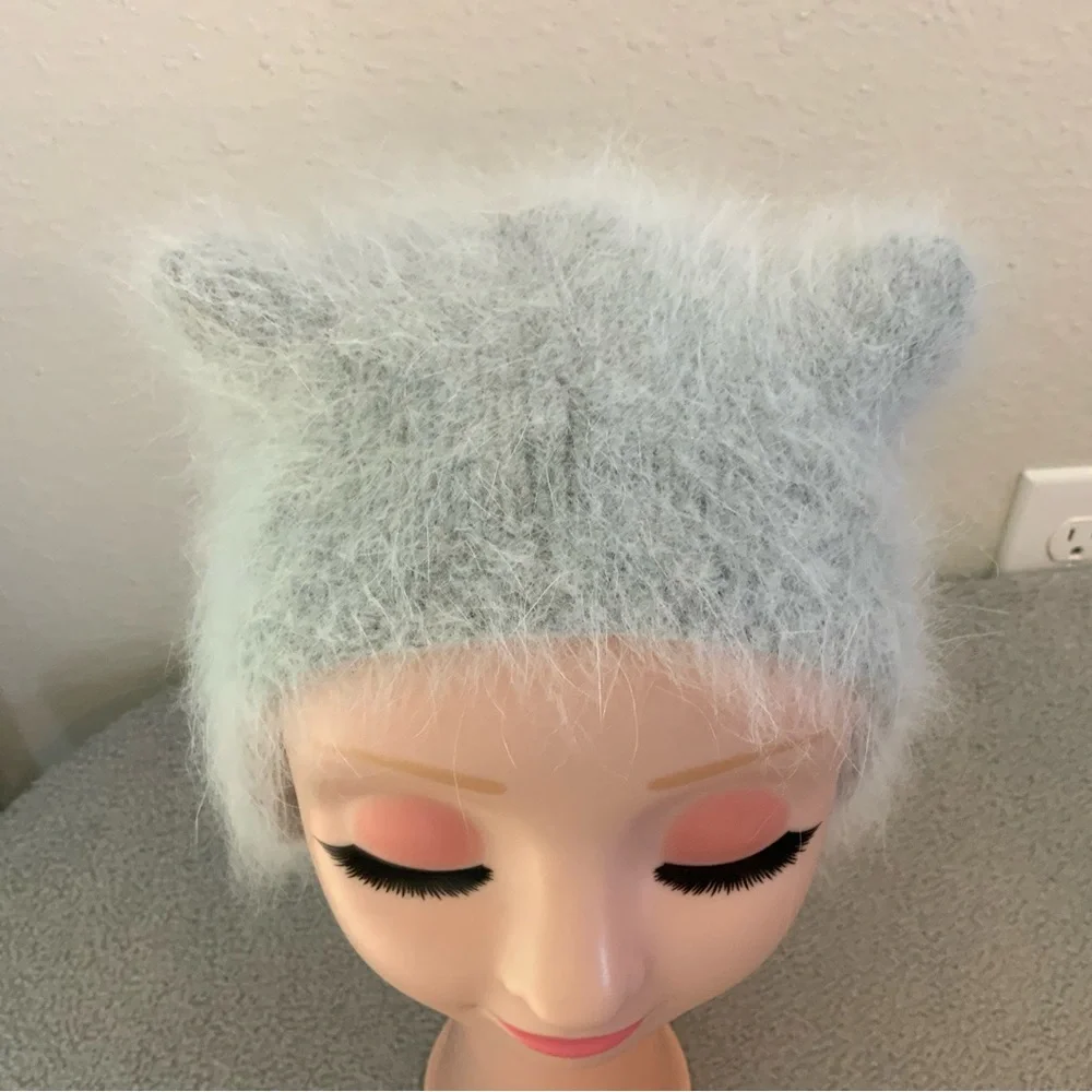 Soft Fuzzy Baby Knit Hat Gray Cat Ears Angora Style Newborn Infant Beanie One Sz